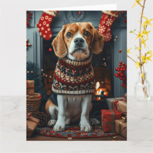 Carte Chien beagle avec cadeaux de Noël cheminée