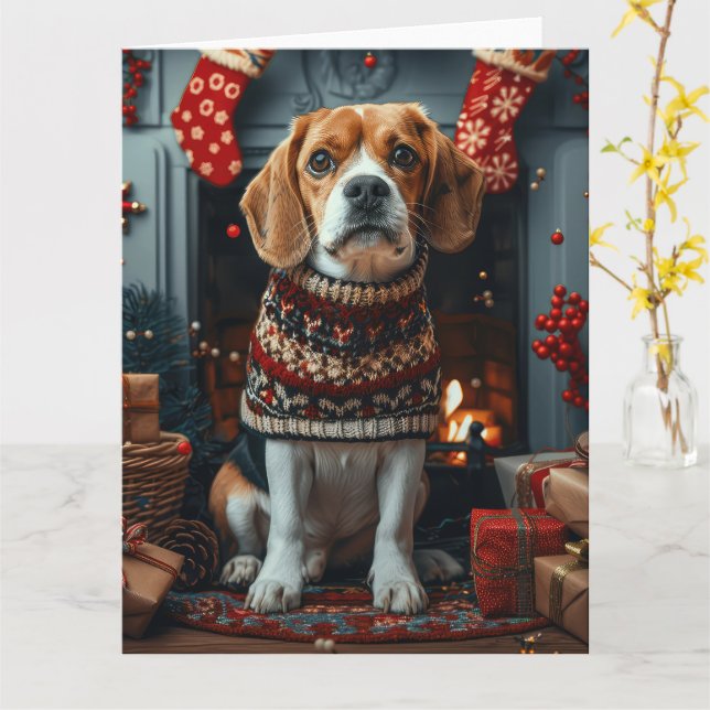 Carte Chien Beagle avec des cadeaux de Noël Cheminée (Fleur jaune)