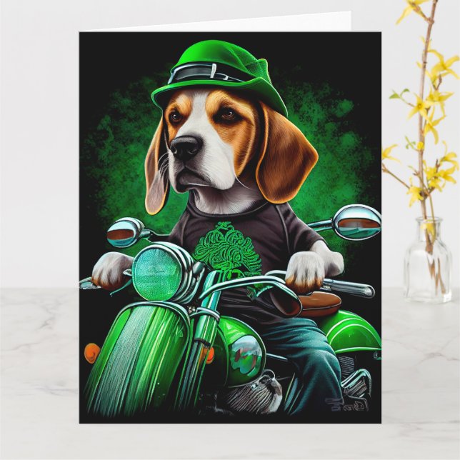 Carte Chien Beagle conduisant un vélo le jour de la Sain (Fleur jaune)