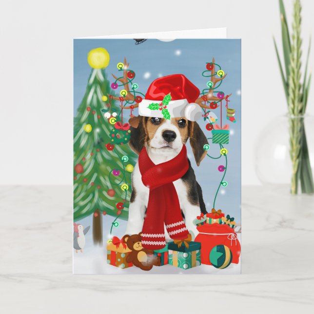 Carte Chien Beagle dans la neige avec des cadeaux de Noë (Devant)