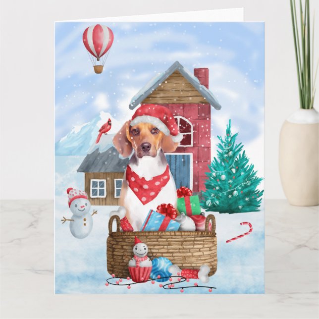 Carte Chien Beagle dans une maison de Noël enneigée (Devant)