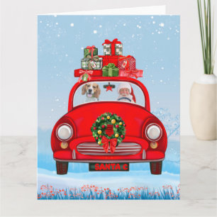 Carte Chien Beagle dans une voiture avec le Père Noël  
