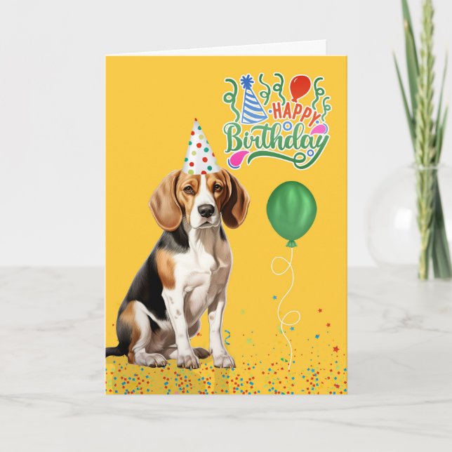 Carte Chien beagle en Casquette de fête à l'anniversaire (Devant)