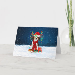 Carte Chien beagle en neige avec cadeaux de Noël