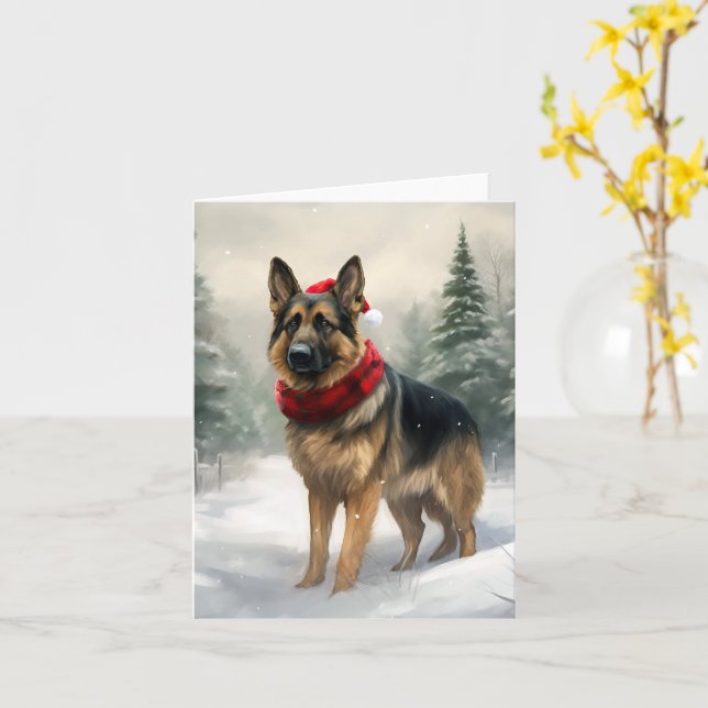 Carte Chien berger allemand en Noël de neige (Fleur jaune)