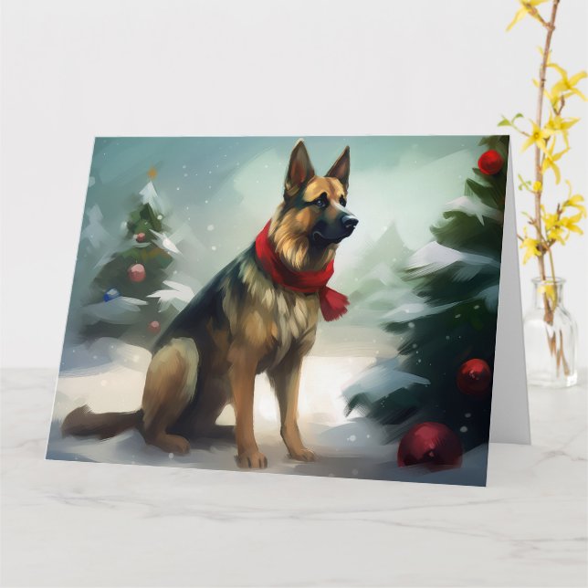 Carte Chien berger allemand en Noël de neige (Fleur jaune)