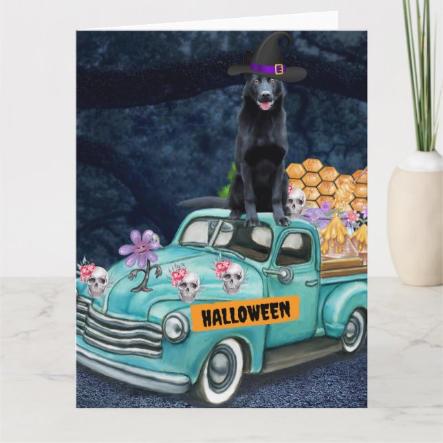 Carte Chien berger allemand Halloween camion Nuit effray (Devant)