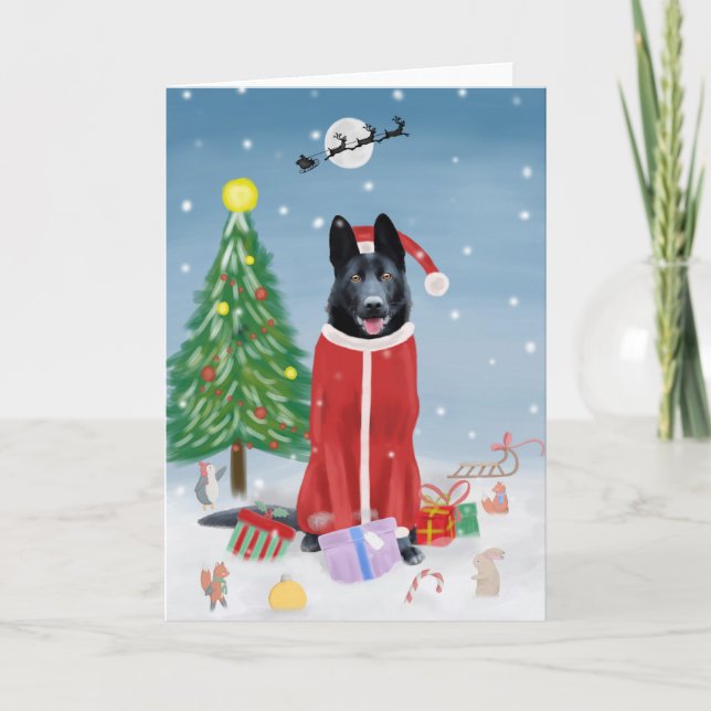 Carte Chien Berger Allemand Noir dans la Neige Cadeaux d (Devant)