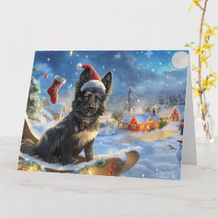 Carte Chien berger belge en neige dorée Noël