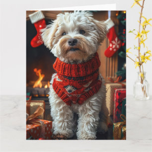 Carte Chien Bichon Frise avec Cheminée de Cadeaux de Noë