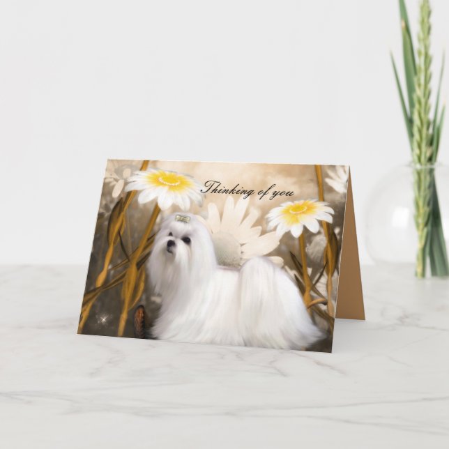 Carte Chien Blanc Fleurs "En pensant à vous" (Devant)