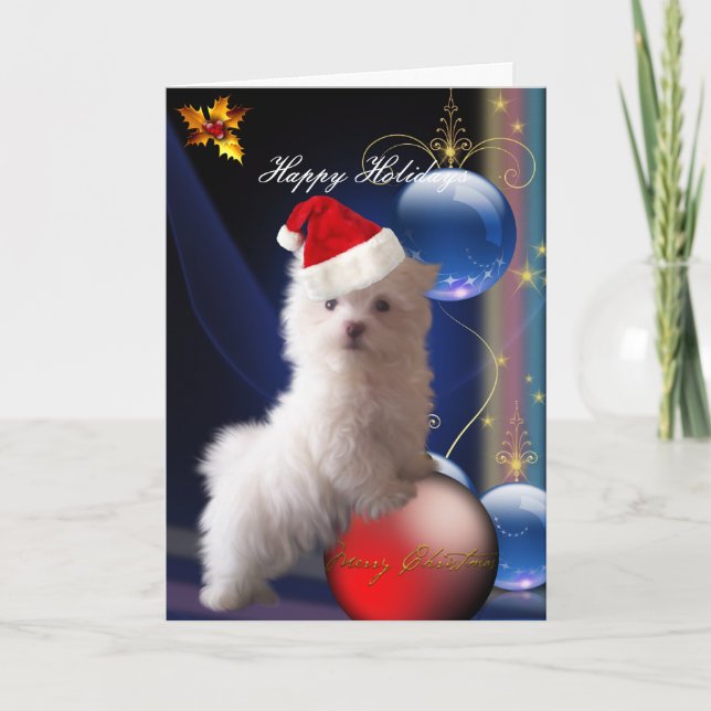 Carte Chien Blanc Fleurs "Joyeuses Fêtes" (Devant)