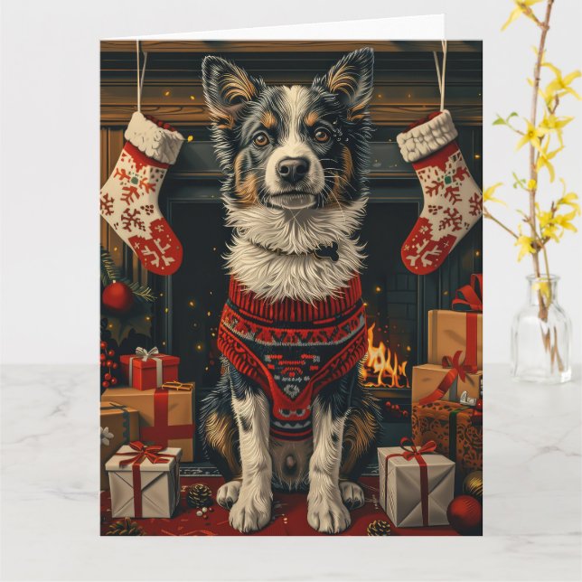 Carte Chien Blue Heeler avec Cheminée de Cadeaux de Noël (Fleur jaune)