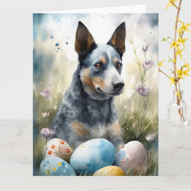 Carte Chien Blue Heeler avec vacances d'oeufs de Pâques  (Fleur jaune)