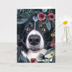 Carte Chien Border Collie avec Fleur Rose Aquarelle