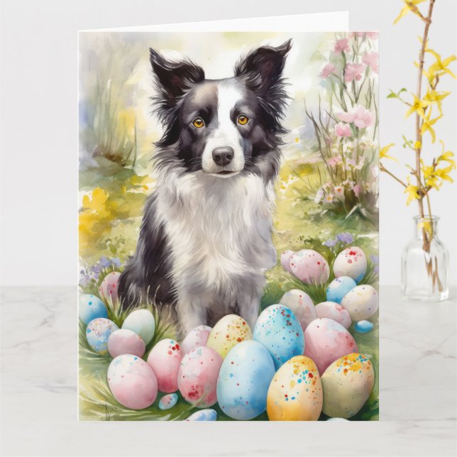 Carte Chien Border Collie avec œufs de Pâques Vacances  (Fleur jaune)
