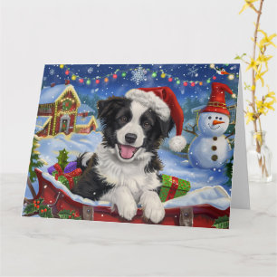 Carte Chien Border Collie dans un traîneau en neige Noël