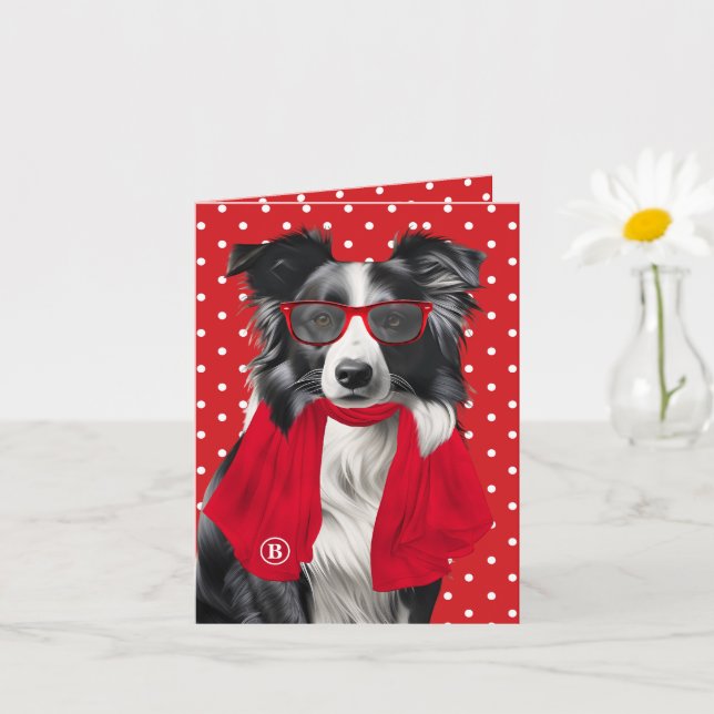 Carte Chien Border Collie pois rouges monogrammés (Petite plante)