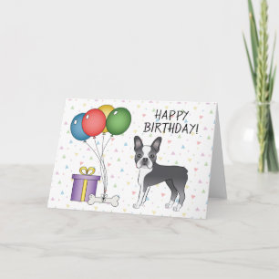 Carte Chien Boston Terrier Bleu Et Blanc Joyeux Annivers