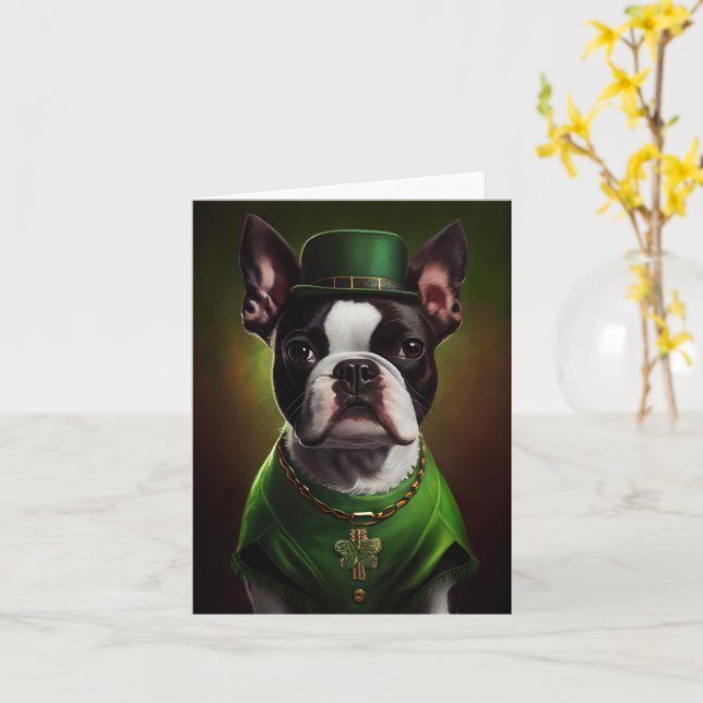 Carte Chien Boston Terrier en robe de la Saint-Patrick (Fleur jaune)