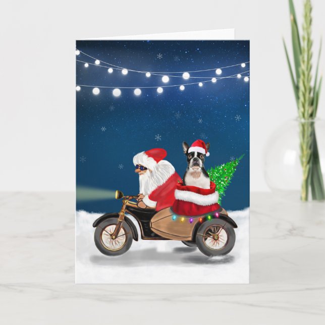 Carte Chien Boston Terrier Noël Père Noël  (Devant)