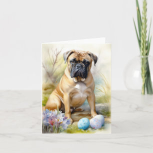 Carte Chien Bouledogue avec œufs de Pâques Vacances