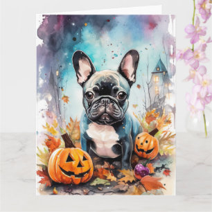 Carte Chien Bouledogue Français Halloween avec citrouill