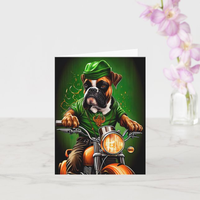 Carte Chien Boxer Conduisant un Vélo St. Patrick's Day (Orchidée)