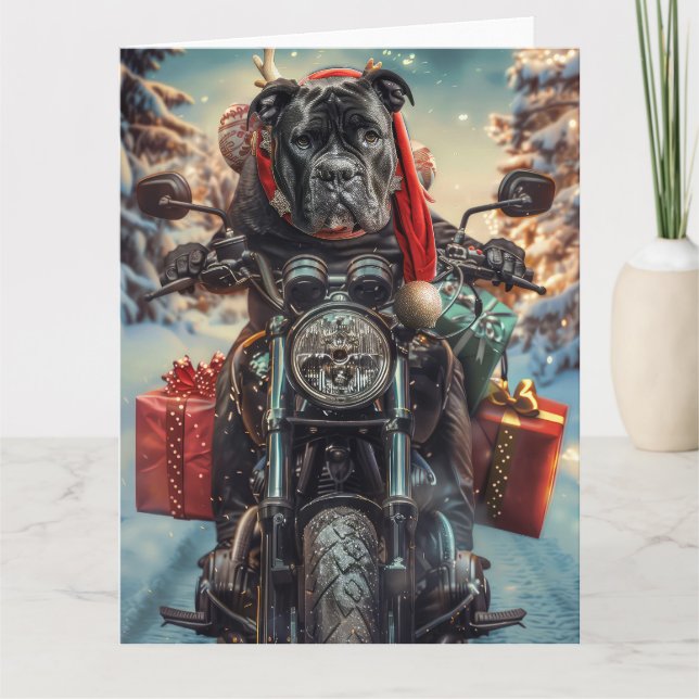 Carte Chien Cane Corso en moto Noël  (Devant)