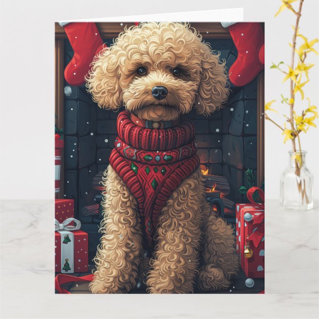 Carte Chien Caniche avec des cadeaux de Noël Cheminée (Fleur jaune)