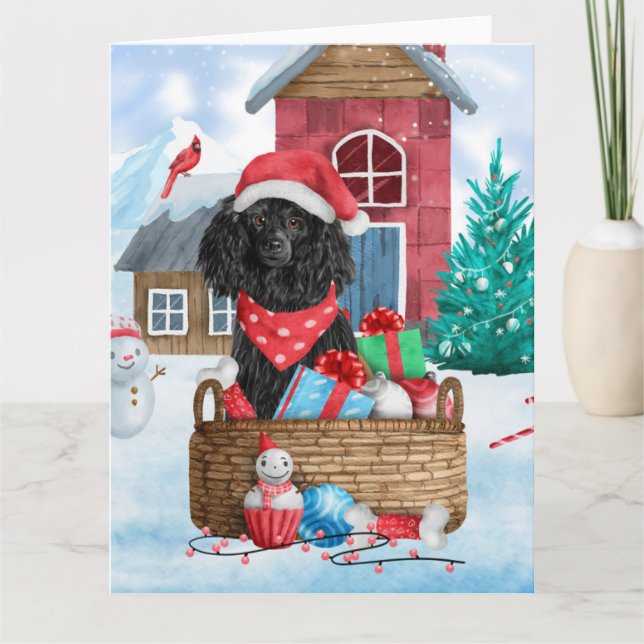 Carte Chien Caniche Dans Maison de Noël enneigée (Devant)