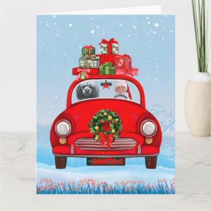 Carte Chien Caniche dans une voiture avec le Père Noël