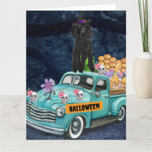 Carte Chien Caniche Halloween Camion Nuit Effrayante