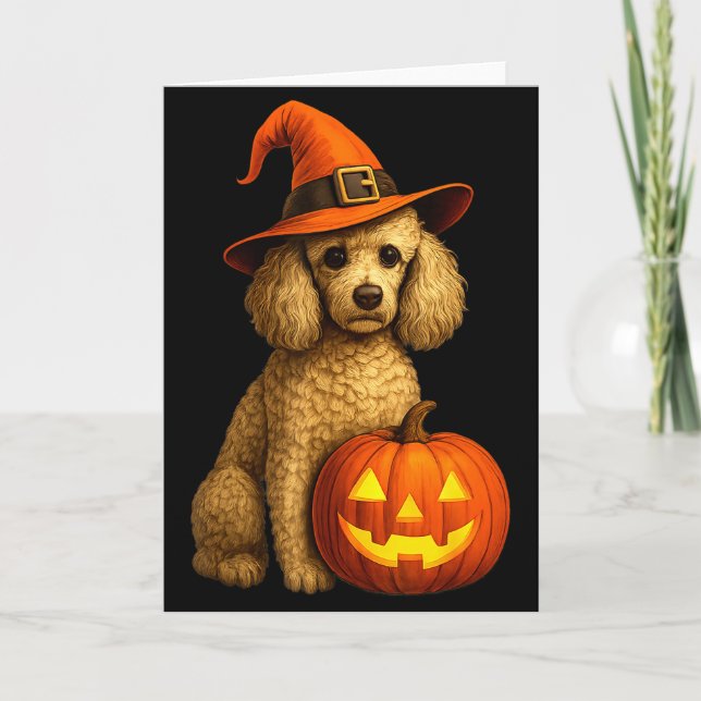 Carte Chien caniche Halloween Citrouille Sorcière Chapea (Devant)