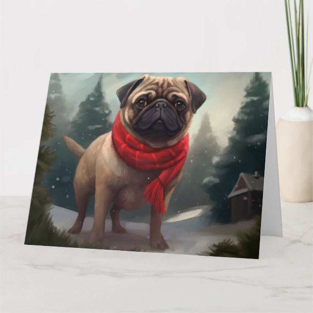 Carte Chien Carlin dans la neige de Noël (Devant)