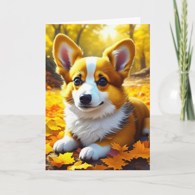 Carte Chien Chien Chien Chien Corgi Jouant dans les Feui (Devant)