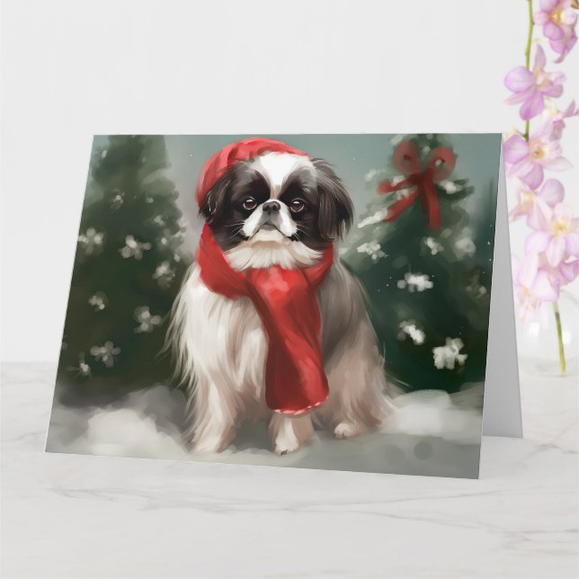 Carte Chien chinois japonais à Noël de neige (Orchidée)