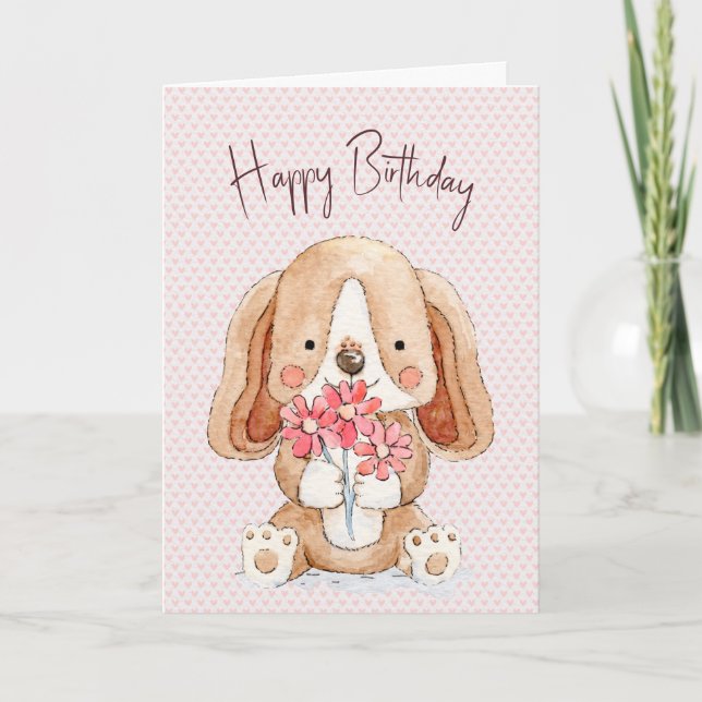Carte Chien chiot avec fleurs (Devant)