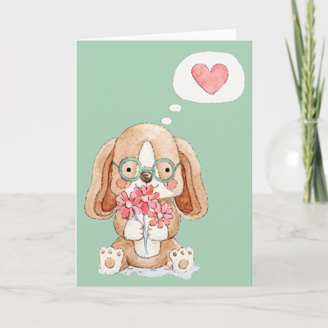 Carte Chien chiot avec fleurs pensant à vous (Devant)