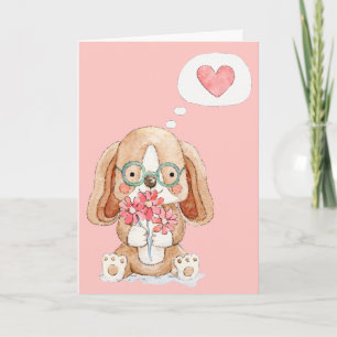 Carte Chien chiot avec fleurs pensant à vous