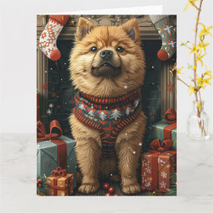 Carte Chien Chow Chow avec des cadeaux de Noël Cheminée