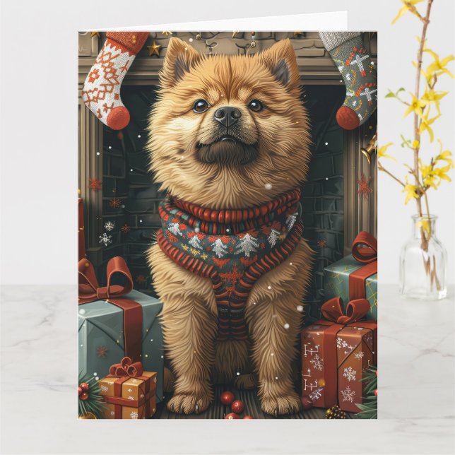 Carte Chien Chow Chow avec des cadeaux de Noël Cheminée (Fleur jaune)