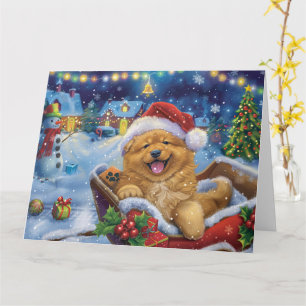 Carte Chien Chow Chow dans un traîneau à Noël enneigé