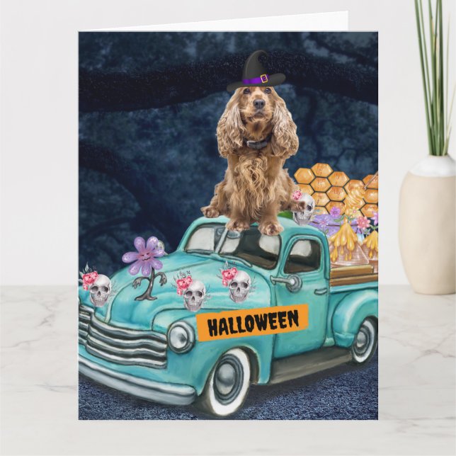 Carte Chien Cocker Spaniel Halloween Camion Nuit Effraya (Devant)