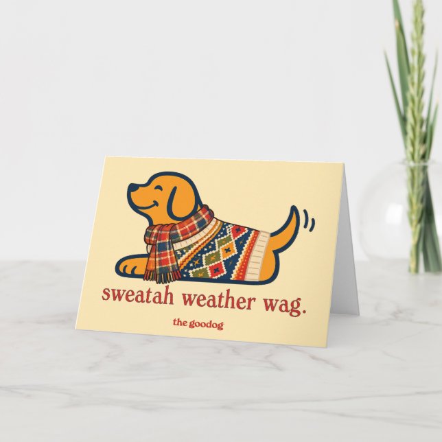 Carte Chien confortable d'automne en pull (Devant)