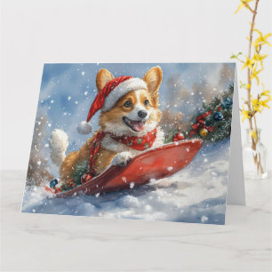 Carte Chien Corgi en Luge Laissez Tomber la Neige Noël