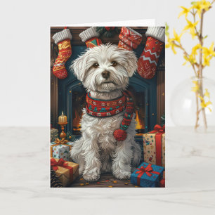 Carte Chien Coton De Tulear avec cheminée de cadeaux de 