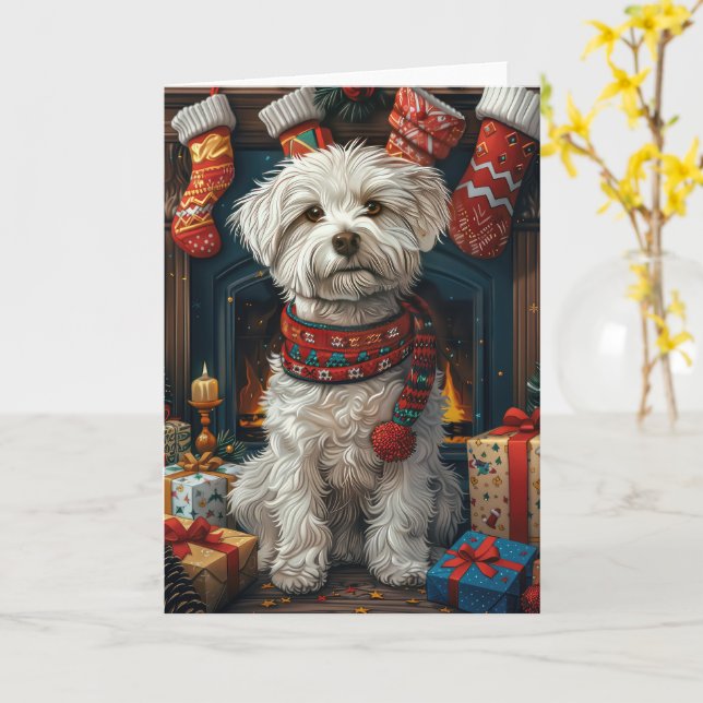 Carte Chien Coton De Tulear avec cheminée de cadeaux de  (Fleur jaune)
