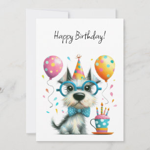 Carte Chien coupé en lunettes et chapeau de fête d'anniv