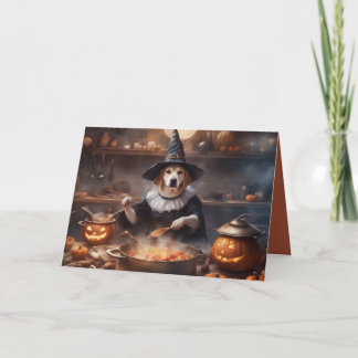 Carte Chien cuisinant à Halloween dans sa cuisine en sal